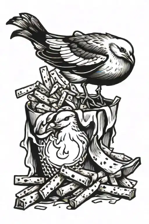 seagull with one leg eating fries tattoo design idea
