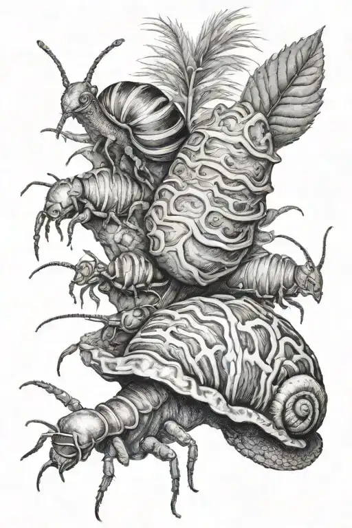 a snail, spider, isopod, millipede, and pray mantis tattoo design idea