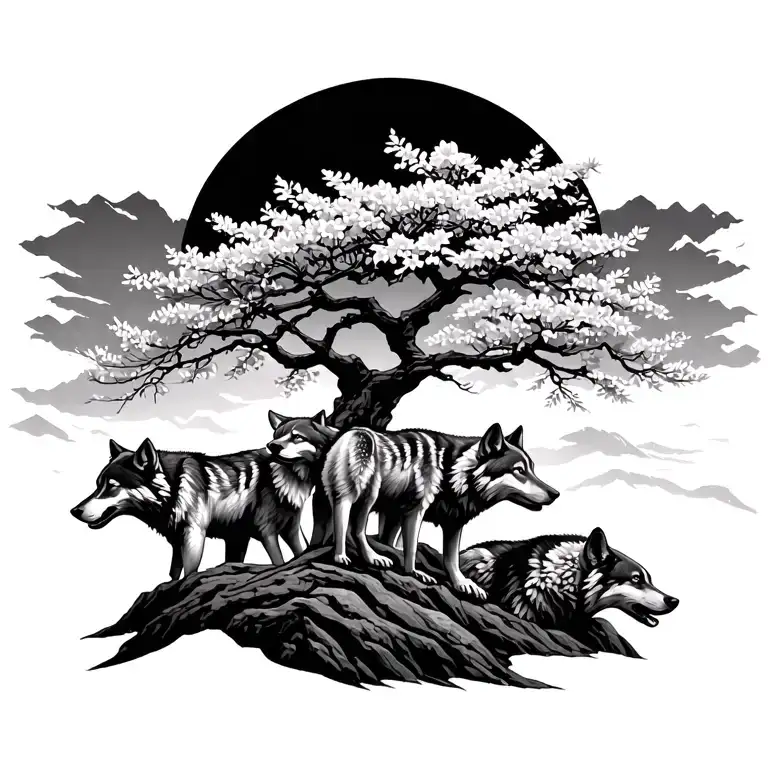 On a high mountain stands a majestic cherry in flowers. Under its delicate branches, three wolves stand tattoo design idea