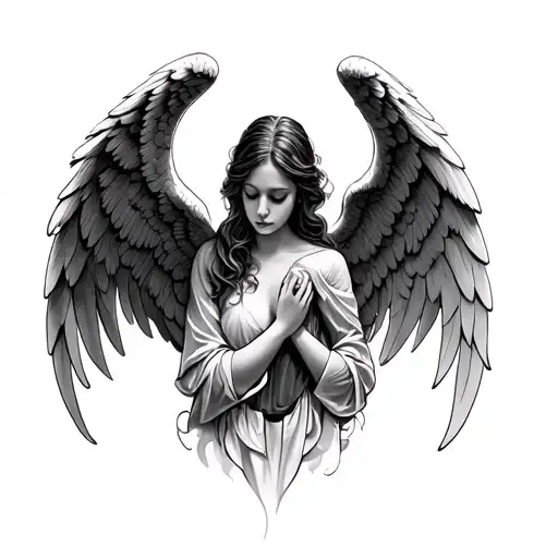 Winged angel and grief tattoo design idea