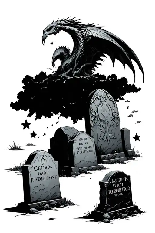 three tombstones in a graveyard with a fallen agnel floating above tattoo design idea