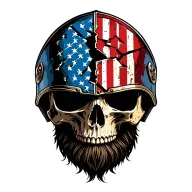 front facing bearded skull vertically covered with a broken in half, vertical American flag crusader warrior helmet tattoo design idea