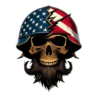 front facing bearded skull vertically covered with a broken in half, vertical American flag crusader warrior helmet tattoo design idea
