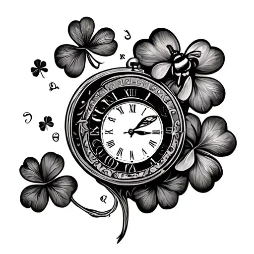 lucky penny, 4 leaf clover, honeybee, clock inside tattoo design idea