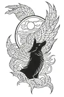 phoenix wolf howling at the moon tattoo design idea