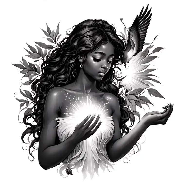 black woman with light coming out of her chest and hand maybe a bird too freeing her  tattoo design idea