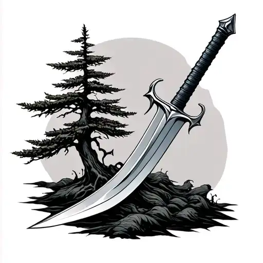 a broken but sharp sword with a cypress tree combined  tattoo design idea