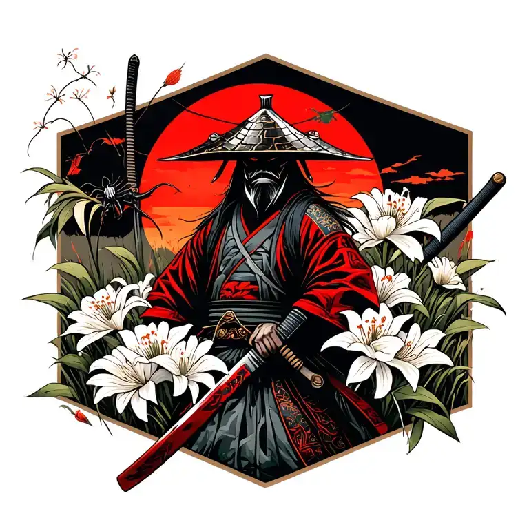 Samurai with a cracked kabuto sheathing his katana in a field of spider lilies.  tattoo design idea