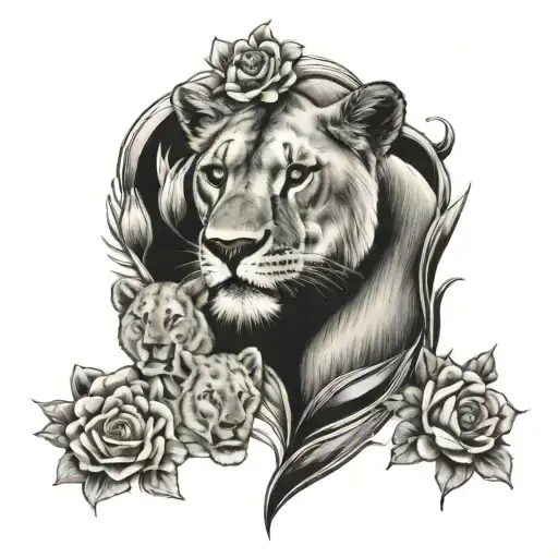 lioness with 2 cubs  and flowers in vertical  tattoo design idea