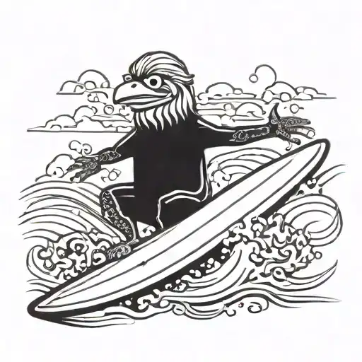 A tattoo of Pepe el pollo riding a surfboard with jkl on the beach in a blackwork style tattoo design idea