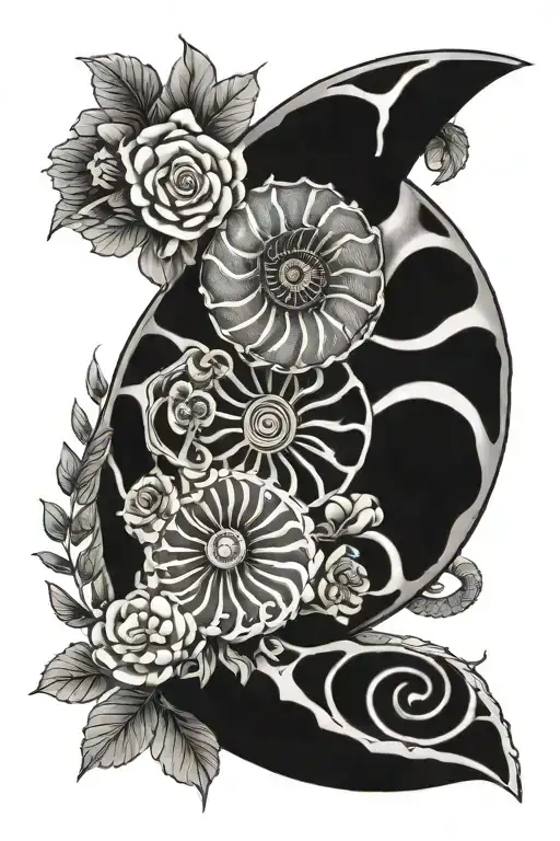 ammonite with flowers surrounding tattoo design idea