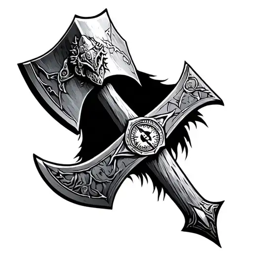 Viking Axe behind Oroborus veg visor compass tattoo design idea