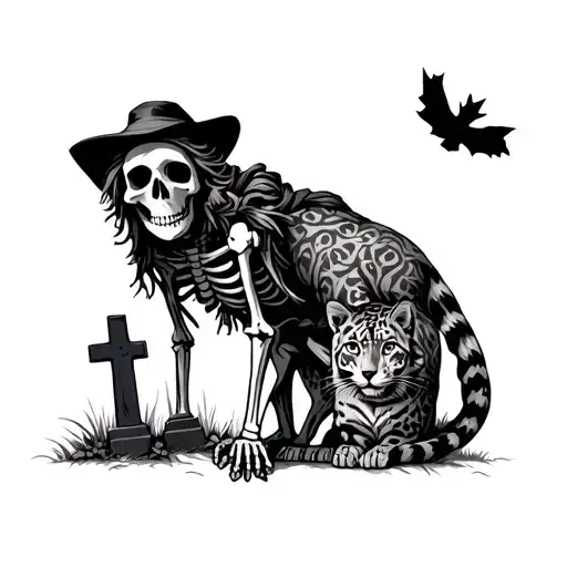 skeleton scarecrow with a grey snow leopard in a New Orleans graveyard grey59 tattoo design idea