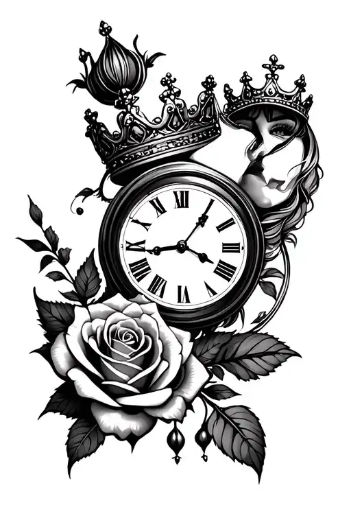 beautiful woman with crown clock rose tattoo design idea