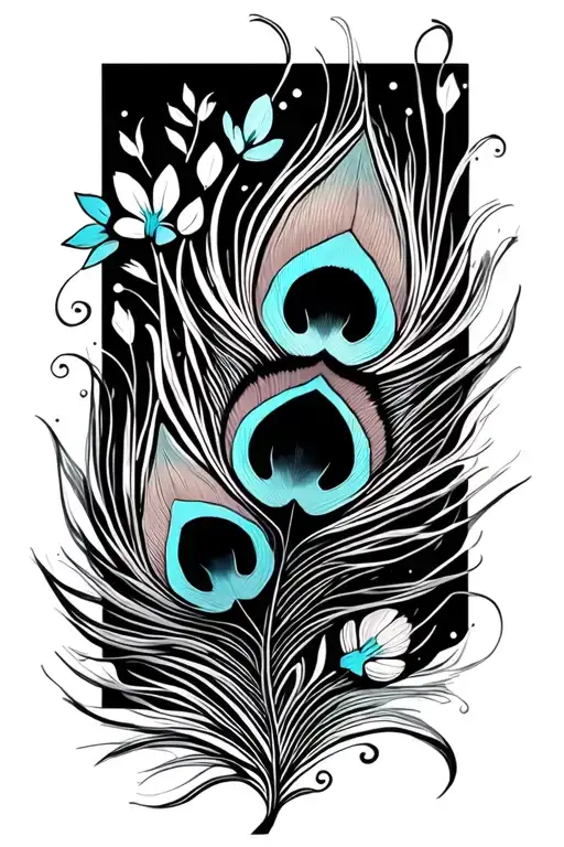 peacock feather, flowers, line work tattoo design idea