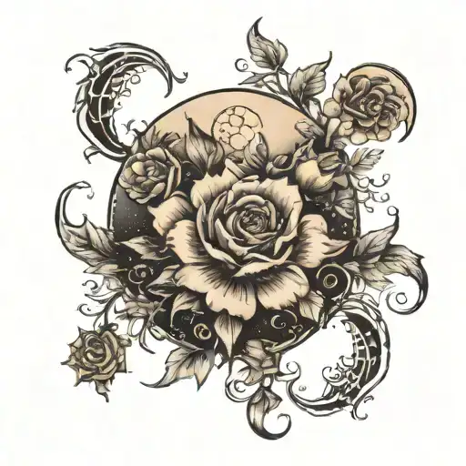 witchy moon and flowers tattoo design idea