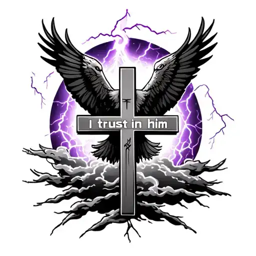 "I trust in him" A cross inside a storm cloud background, with a eagle in the background that's causing a purple lightning storm tattoo design idea
