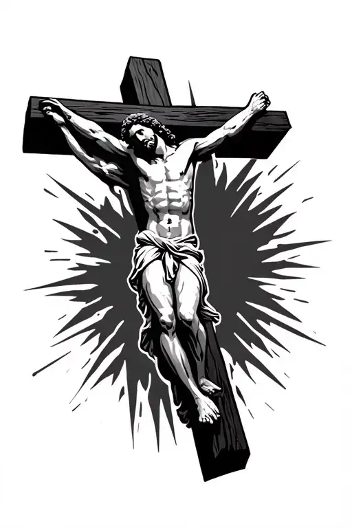 bold silhouette of jesus hanging on the cross with a slight tribal effect around it tattoo design idea