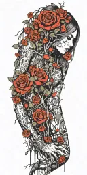 girl naked, broken chains, tree roots, roses tattoo design idea