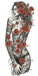 girl naked, broken chains, tree roots, roses tattoo design idea