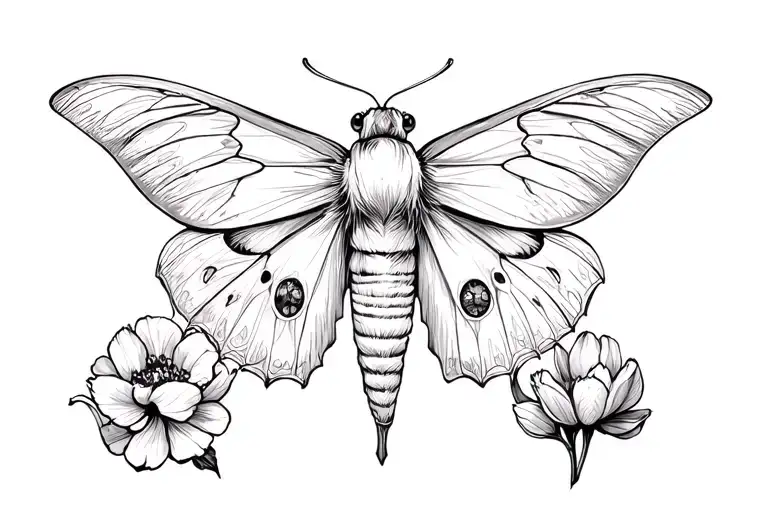 moth and semi colon with tulips and carnations tattoo design idea