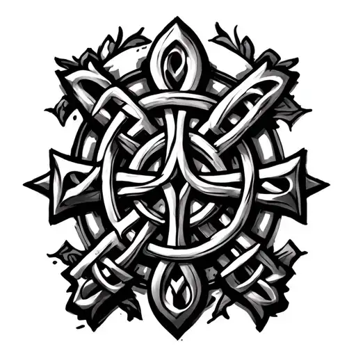tiwaz rune, celtic knot, Jerusalem cross surrounded tattoo design idea
