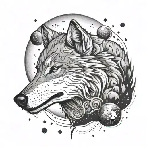 wolf surrounded planet mars moon tattoo design idea