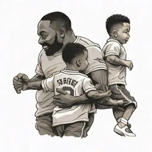 Black father holding son hands walking with matching jerseys on  tattoo design idea