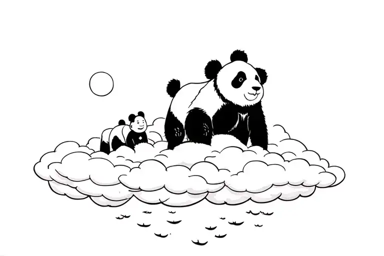 A man, a panda and a child sitting on the back on a Japanese cloud. They look at the horizon tattoo design idea