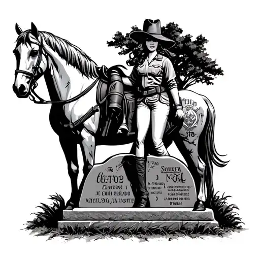 a woman of true grit and Southern charm on a horse paying respect to the grave of her hero, a fireman tattoo design idea