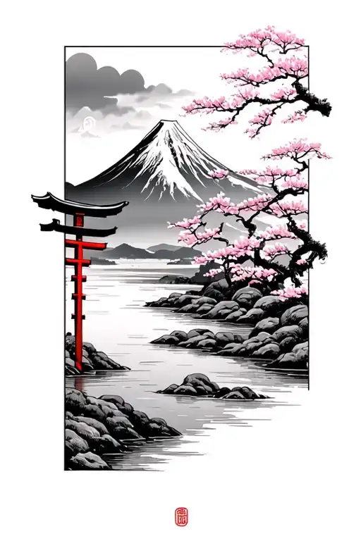 A mountain in the background with a river, sakura and a Japanese tori in the foreground tattoo design idea
