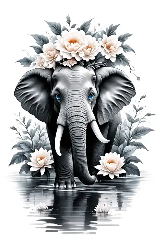 elephant with blue eyes surrounded by carnations and water lilies tattoo design idea