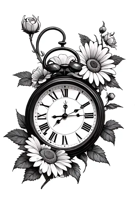 rose daisy clock tattoo design idea