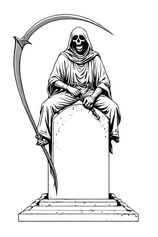 Grim reaper sitting on a tombstone holding a scythe tattoo design idea