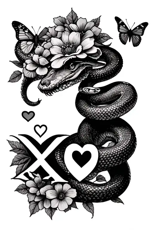 Xo with hearts and snakes and flowers and butterflies tattoo design idea