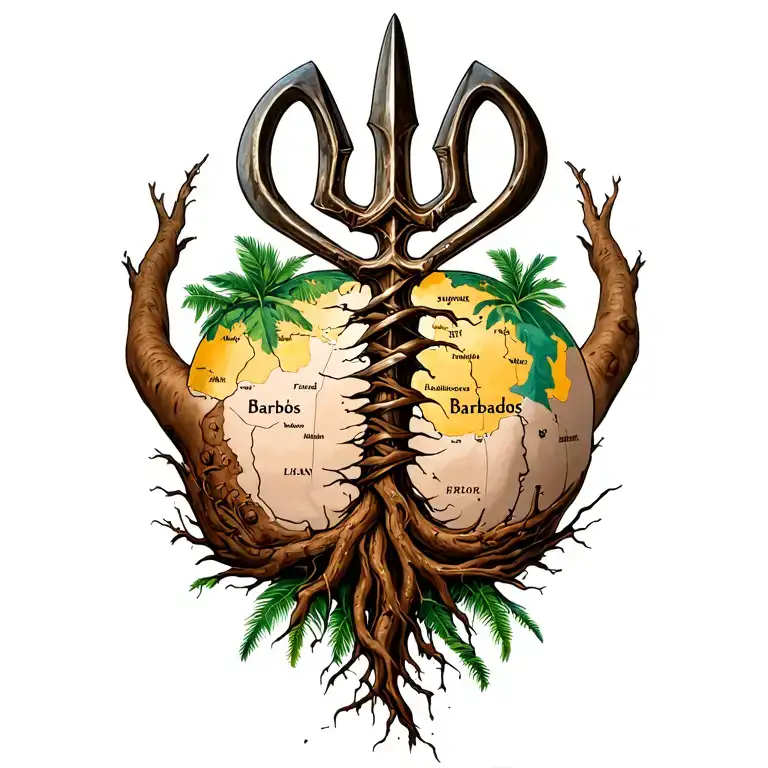 Map of Barbados growing from roots with a broken trident intertwined in the back tattoo design idea