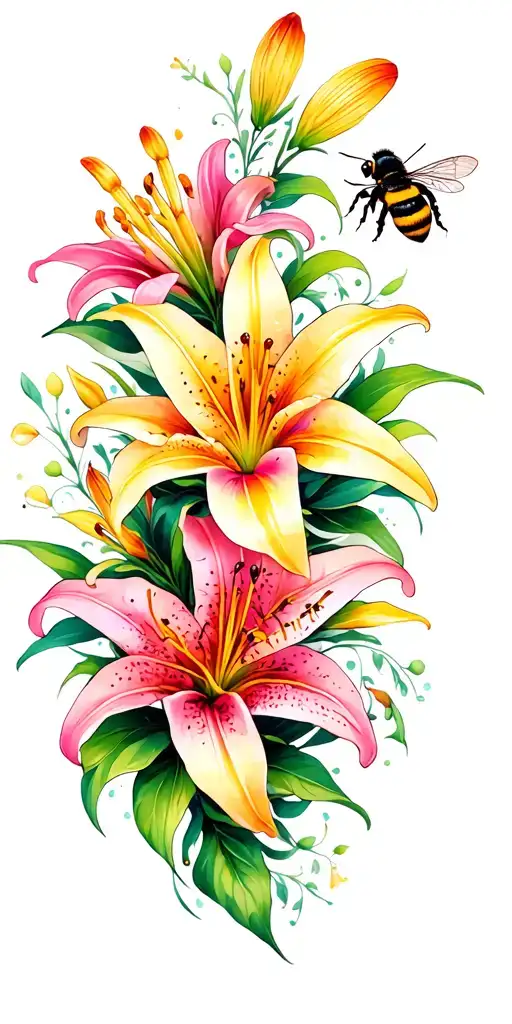 Full sleep with lifelike, colorful lilies and 2 bumblebees, a lot of henna surrounding for accent tattoo design idea