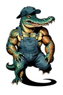 Muscular alligator wearing ball cap and coveralls. Alligator has shellback and golden dragon tattoos. tattoo design idea