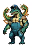 Muscular alligator wearing ball cap and coveralls. Alligator has shellback and golden dragon tattoos. tattoo design idea