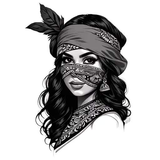 Chicano girl face half covered with bandana wrapped tattoo design idea