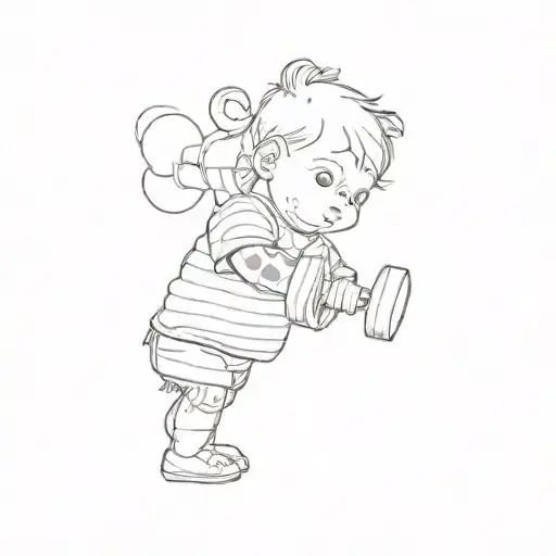 a baby wearing a striped t-shirt and holding a pair of dumbbells tattoo design idea