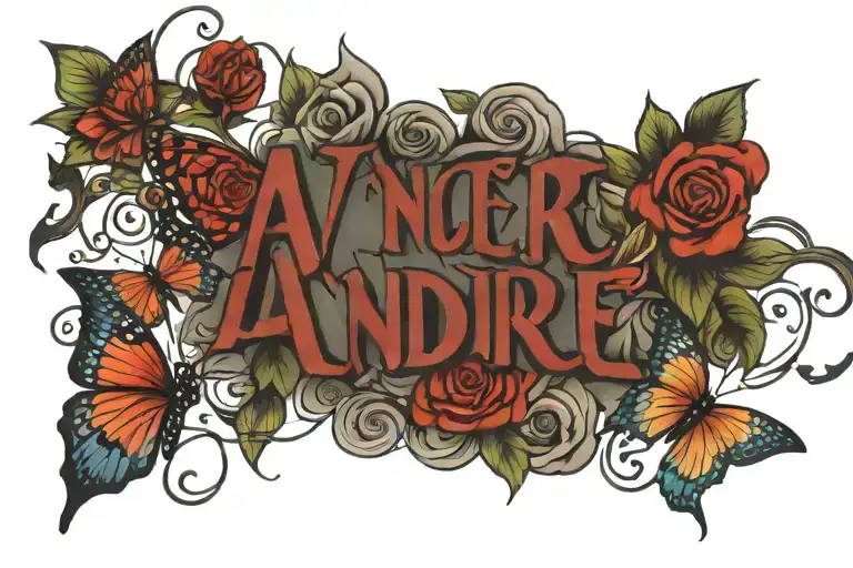 The word andre with red ink and roses and butterflies tattoo design idea