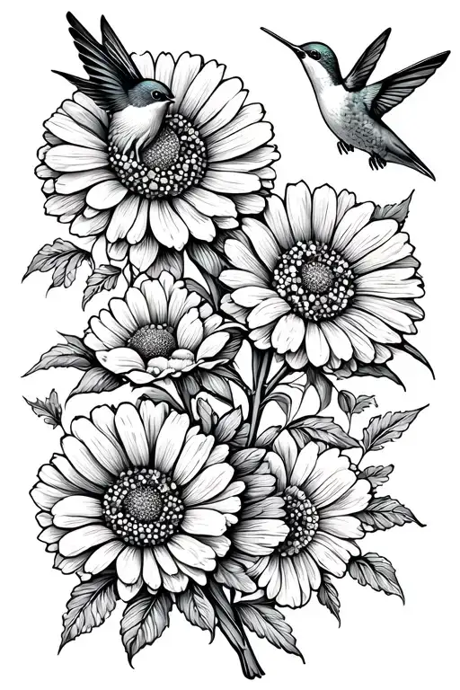 marigold flowers with two hummingbirds  tattoo design idea