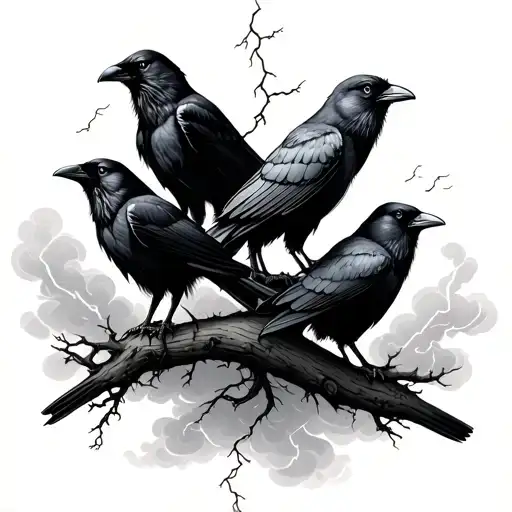 4 crows with trees and cloudy lightning storm  tattoo design idea