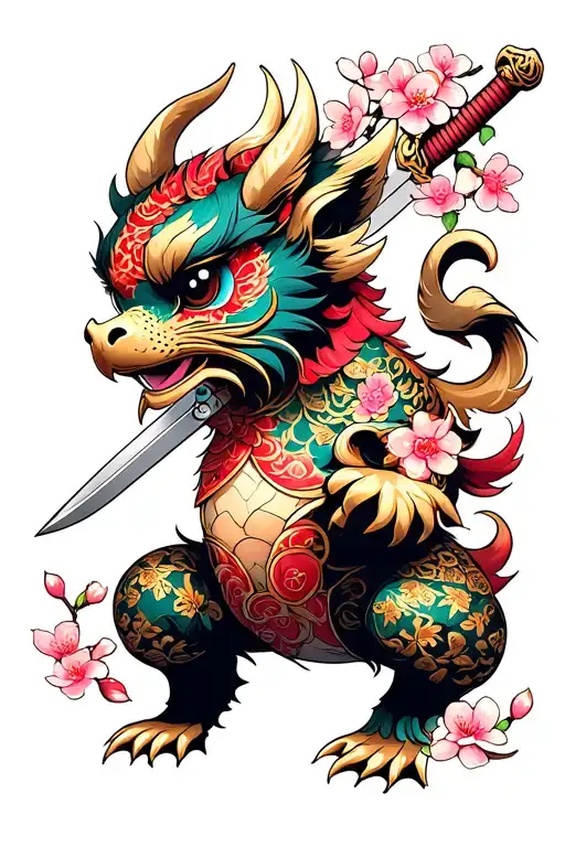 pixiu with sword and cherry blossoms tattoo design idea