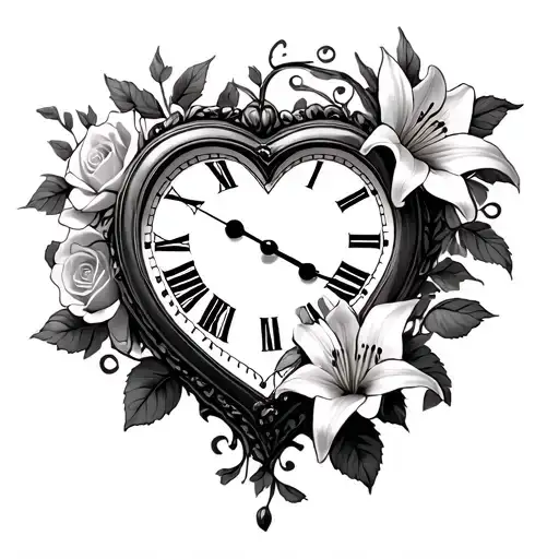 heart shaped clock with roses and stargazer lilies with vines tattoo design idea