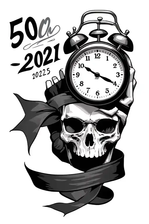 "50  2021-2025" Skull and hand holding clock with ribbon wrapped tattoo design idea