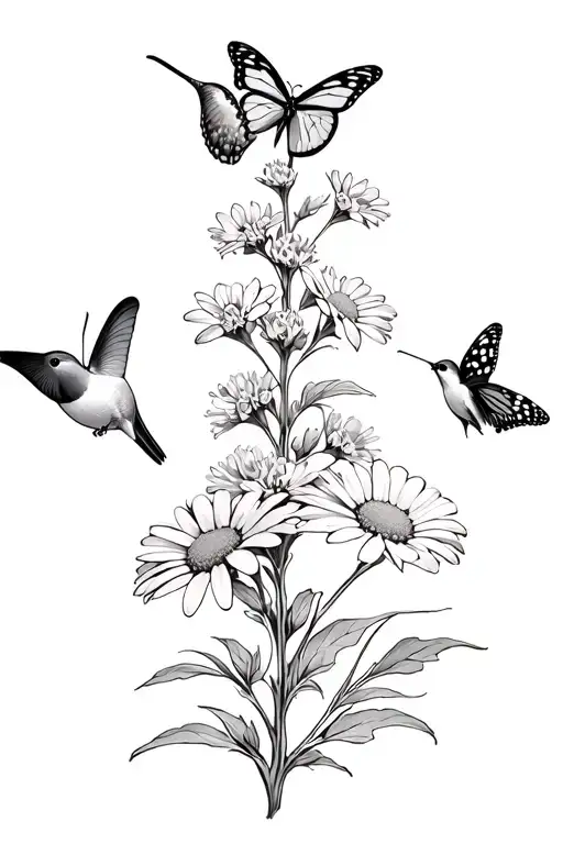 BUTTERFLY BUSH FLOWER WITH DAISIES, 2 HUMMINGBIRDS, 3 BUTTERFLIES ALL IN A COLLAGE tattoo design idea