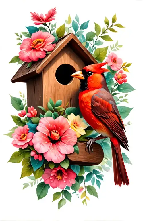 flowers, birdhouse, and cardinal bird tattoo design idea