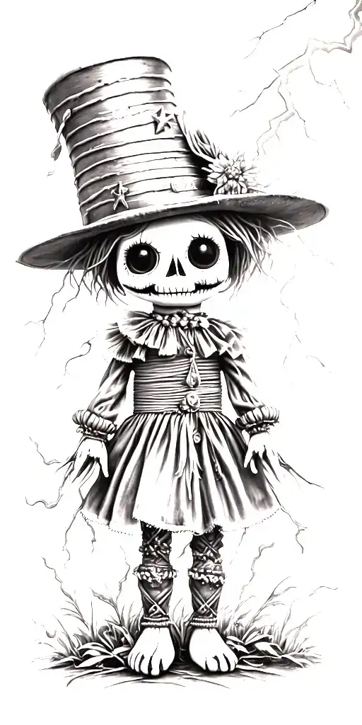 cute voodoo doll with cylinder hat and nature and lightning storm tattoo design idea